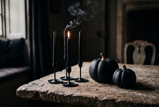 Moody Halloween still life featuring black taper candles and matte black pumpkins on a weathered wooden table with smoke