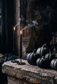 Moody Halloween still life featuring matte black pumpkins and two lit black candles with swirling smoke on a rustic stone ledge
