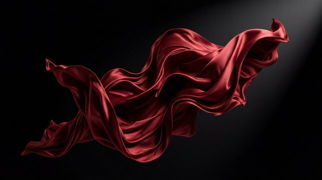 Elegant red satin fabric flowing gracefully in the air against a solid black background with dramatic lighting