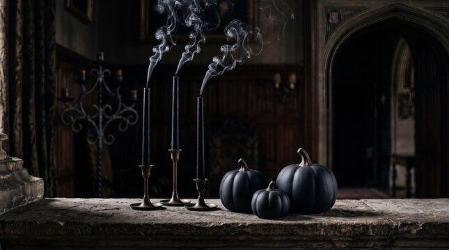 Gothic Halloween Still Life with Black Pumpkins and Smoking Candles in a Dark Manor