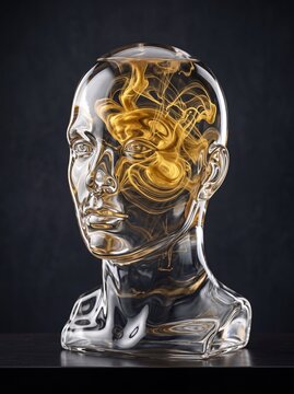 Abstract glass bust of a human head filled with swirling golden ink symbolizing neural activity and consciousness