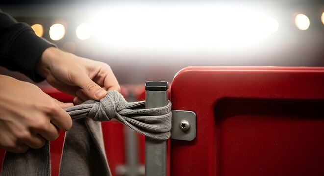 Closeup of hands tying a grey fabric strip to a red stadium seat frame
