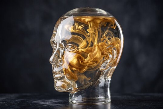 Abstract Glass Human Head Filled with Swirling Golden Ink Representing Creativity and Intelligence