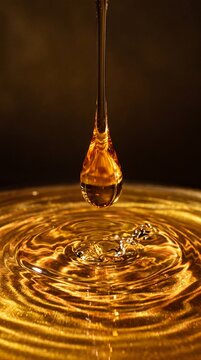 Macro shot of a golden oil or serum drop falling into a liquid pool with ripples, representing luxury skincare or essential oils