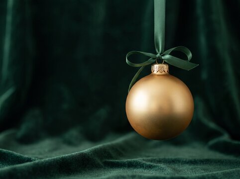 Elegant gold Christmas ornament hanging by a green ribbon bow against a dark green velvet backdrop