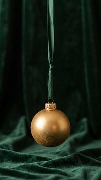 Elegant Gold Christmas Bauble Hanging on a Green Ribbon Against Dark Velvet