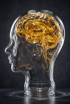 Conceptual 3D illustration of a transparent glass human head profile with a glowing golden brain inside