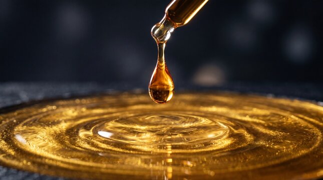 Golden essential oil drop falling from a glass pipette into a liquid pool with ripples