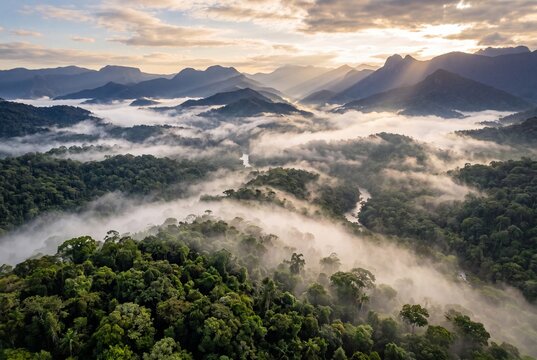 Aerial view of a misty tropical rainforest at sunrise with sunbeams over mountain peaks and a winding river