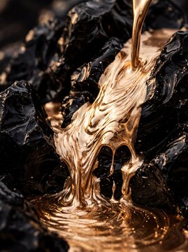 Liquid Molten Gold Flowing Over Rough Black Obsidian Rocks Macro Abstract