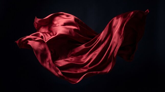 Elegant red silk fabric floating gracefully in mid-air against a dark black background