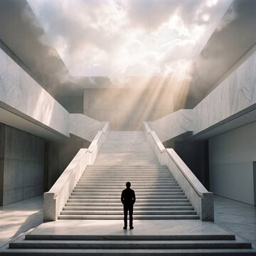 Silhouette of a man standing at the base of a grand marble staircase with divine sunbeams shining through a cloudy sky in a minimalist architectural space