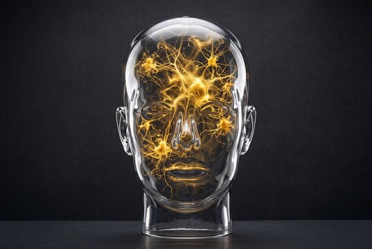 Transparent glass human head with glowing golden neurons inside representing brain activity and artificial intelligence