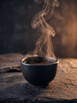 Hot beverage in a black ceramic bowl with elegant steam swirls on a dark textured background