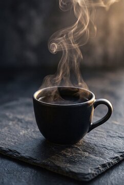 Steaming Hot Coffee in a Black Ceramic Cup on Dark Stone Surface