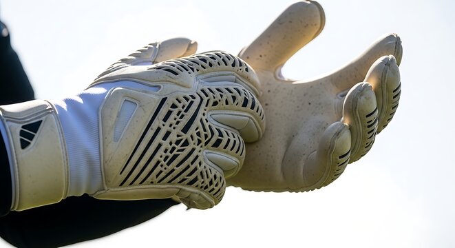 Closeup of a goalkeeper wearing professional soccer gloves, focusing on the textured grip and adidas branding on the wrist strap