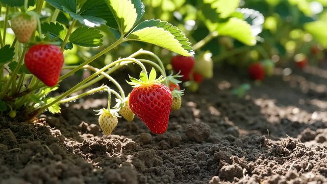 Ripe red strawberries growing on bushes in garden field