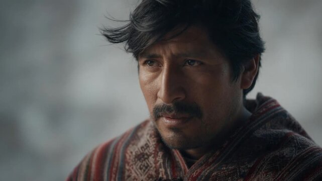 Indigenous peruvian man with a thoughtful expression looking into the distance with windy hair and a traditional poncho