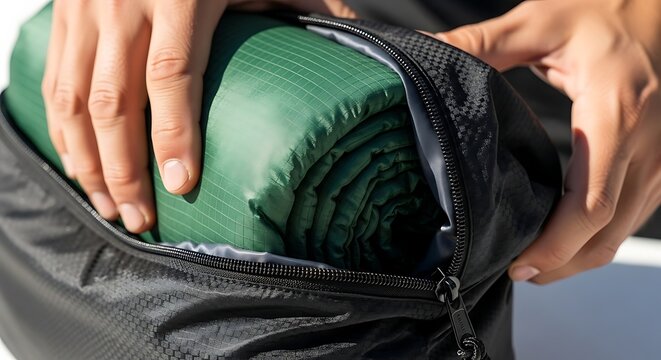 Closeup of a person packing a green camping sleeping bag into a black compression sack for travel or outdoor adventure