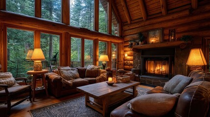 Obraz premium Cozy Wooden Cabin Living Room Interior with Fireplace and Forest View