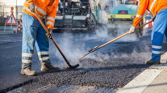 Construction worker operating a compacting rammer tool on fresh asphalt patch