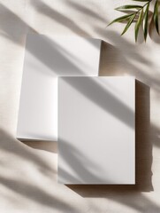 Blank white book covers or stationery bathed in dappled sunlight and shadows, top view