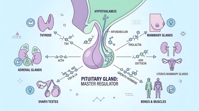 Detailed diagram illustrating the pituitary gland as the master regulator of the human endocrine system and its connections to various organs.