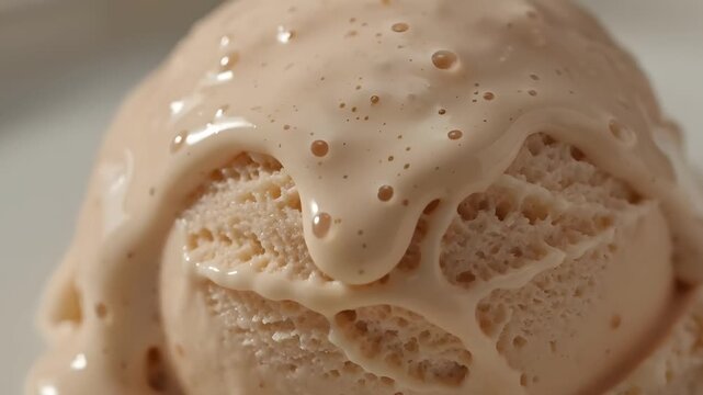 Creamy vanilla bean scoop melting on cone, ideal for summer food blogs, desserts menu, ice cream parlors, and dairy websites.