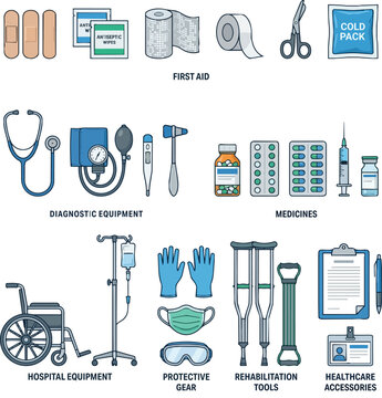 Medical and Healthcare Equipment Vector Set with First Aid, Diagnostic Tools, Medicines, Protective Gear and Hospital Accessories Illustration