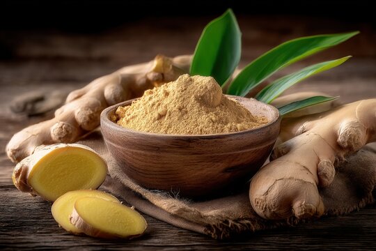 Fresh Ginger Root and Powder in Wooden Bowl on Rustic Background for Culinary and Health Uses