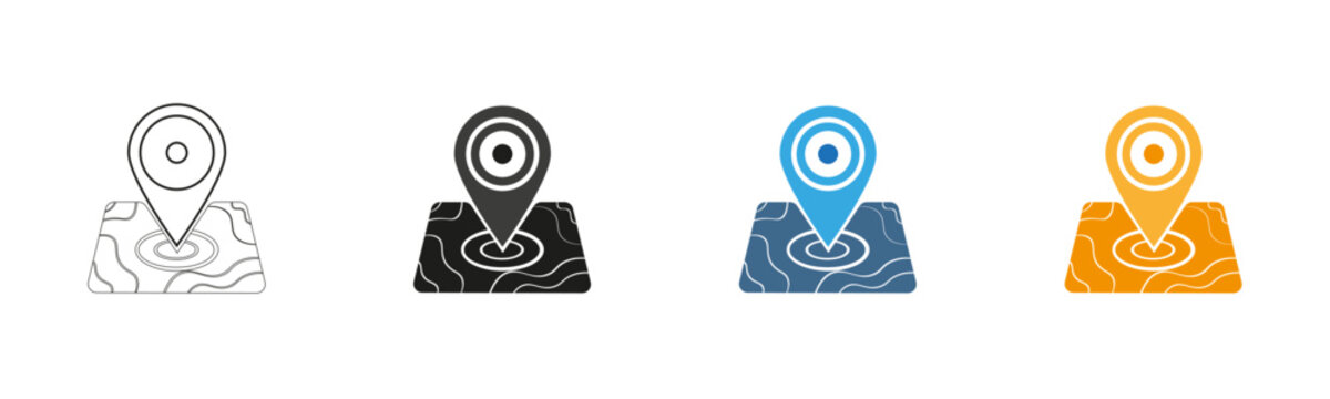 Location pin icon with terrain map. Clean vector showing location, direction, and routing. Symbol of navigation, city guide, and local search. Geotag pointer for mobile apps and user interface design.