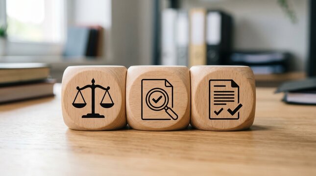 Wooden cubes with icons representing justice, inspection, and regulation