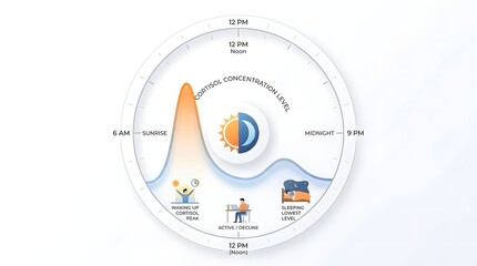 Naklejka premium Circadian rhythm diagram illustrating cortisol concentration levels throughout a 24-hour day, showing energy and sleep patterns.