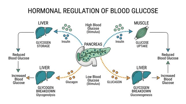 Diagram illustrating the hormonal regulation of blood glucose levels by insulin and glucagon, showing their effects on the pancreas, liver, and muscle tissue.