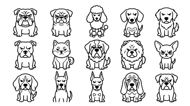 Set of 15 angry cartoon dog breed characters