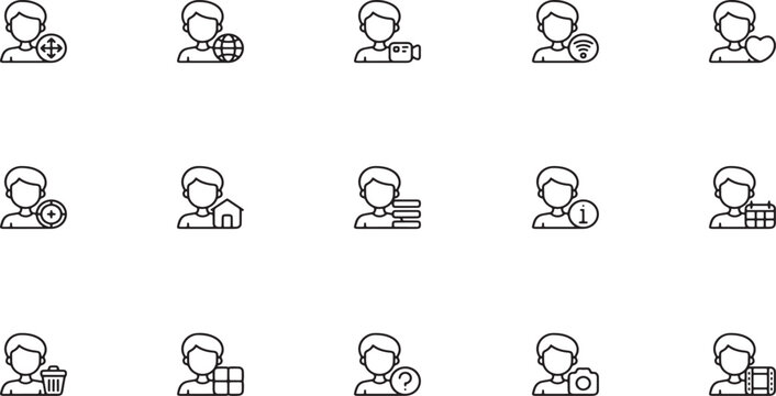 IT Support, Network Administrator, and User Data Line Art Icon Set Featuring Avatars with Servers, Globe Networks, Cameras, and Help Symbols for Tech Profiles