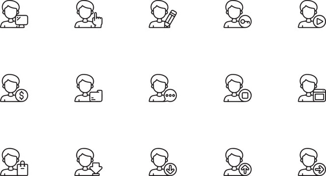 User Account Management and Access Control Line Art Icon Set Featuring Profile Folders, Edit Tools, Block Signs, and Security Keys for System Administrator UI