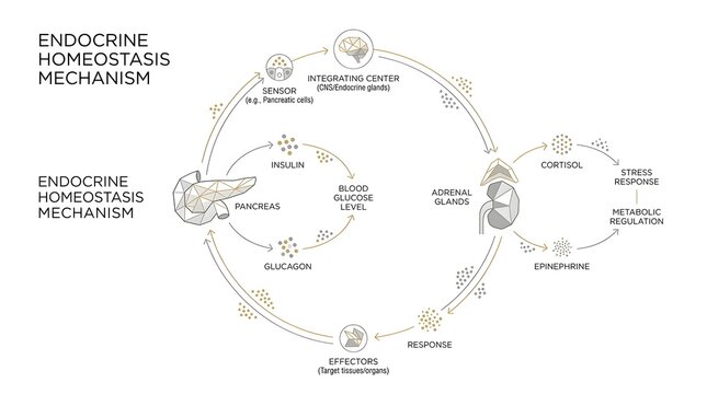 Diagram illustrating two endocrine homeostasis mechanisms: blood glucose regulation with pancreas, insulin, and glucagon, and stress response with adrenal glands, cortisol, and epinephrine.