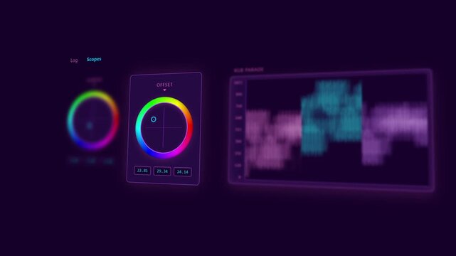 digital color grading software UI, stylized UI animation, blurred depth of field.
