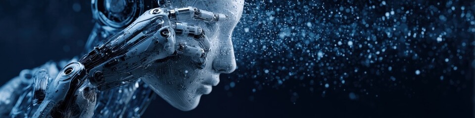 Fototapeta premium Futuristic AI Robot Head with Particle Effects Suggesting Data Transfer and Intelligence