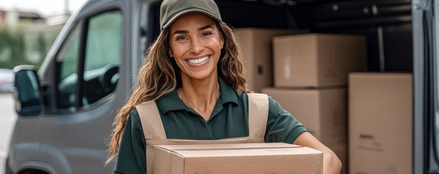Smiling Woman Delivery Driver Holding Package Next to Van Filled with Boxes