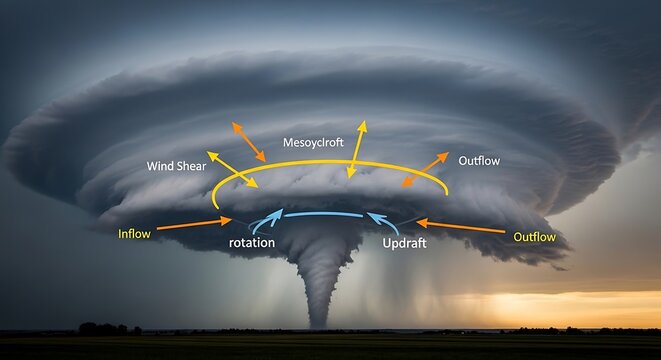 Detailed Diagram of a Powerful Tornado with Airflow and Rotation.