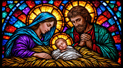 Obraz premium Nativity scene stained glass illustration with holy family