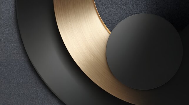 Minimalist luxury geometric background with overlapping black and textured gold circles on dark rough surface, 3D illustration