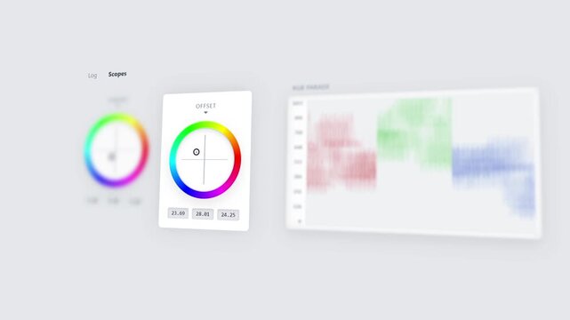 Digital video color grading software UI color wheels and RGB scopes active on a light-mode layout.