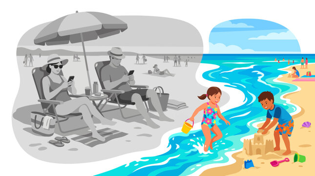 Digital Addiction vs Real Life Experience at Beach Concept