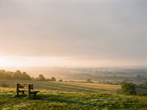 Empty Wooden Bench Overlooking a Serene Hazy Valley at Sunrise on a Quiet Grassy Hilltop