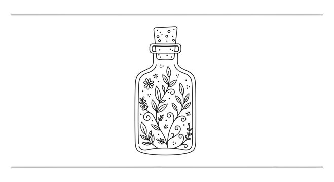 Hand Drawn Botanical Illustration of Plant in a Bottle