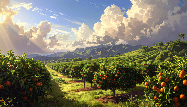 Golden light over orange plantation
