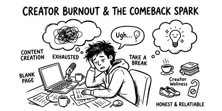 Creator Burnout Doodle Black White-Exhausted Figure Bubble Comeback Spark-Wellness Vector-Burnout Icon Doodle-Content Creator Design Set